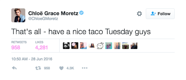 A reação de Chloe Grace Moretz pelo Twitter (Foto: Twitter)