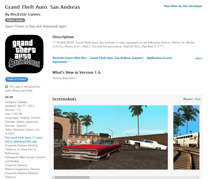 Página de San Andreas na App Store (Foto Reprodão/André Mello)
