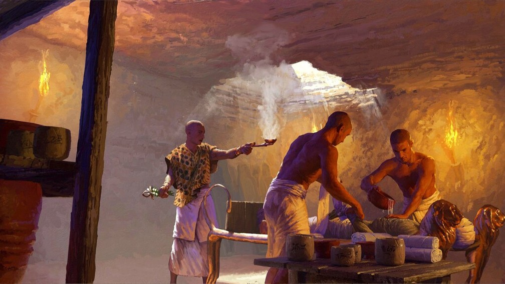 Esta ilustração mostra um sacerdote durante um processo de embalsamamento em uma câmara subterrânea em Saqqara, Egito. — Foto: Nikola Nevenov via AP