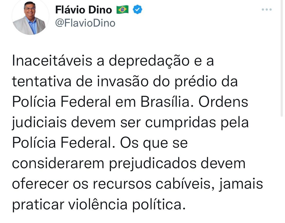O senador eleito e futuro ministro da Justiça Flávio Dino (PSB-MA) comenta as manifestações ocorridas no DF. — Foto: Divulgação/Twitter