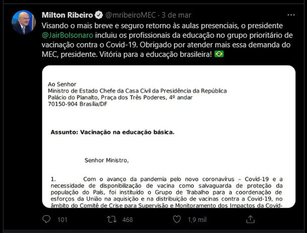 Em tuíte, ministro Milton Ribeiro celebra inclusão de professores entre grupo prioritário, mas informação foi rebatida pelo Ministério da Saúde. — Foto: Reprodução/Twitter