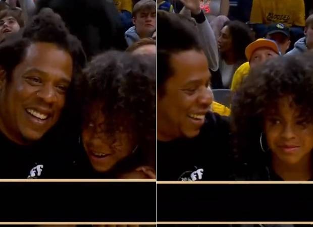 Blue Ivy fica envergonha com abraço e beijo do pai, Jay-Z, em jogo de basquete (Foto: Reprodução/Twitter)