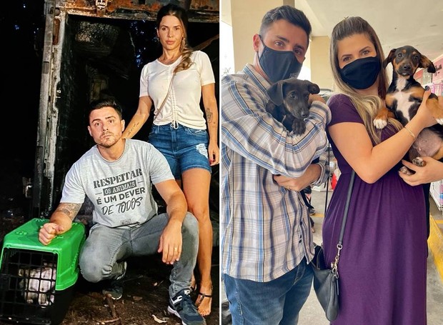 Cacau e o marido, Bruno Lima, em um resgate, na foto à esquerda, e em uma ação de adoação de animais (Foto: Instagram/@cacaucolucci/Reprodução)
