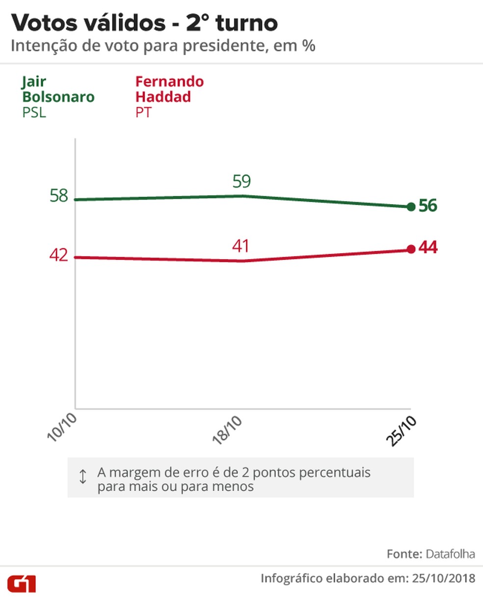 Pesquisa Datafolha - 25-10 - Votos válidos, segundo turno da eleição presidencial — Foto: Arte/G1