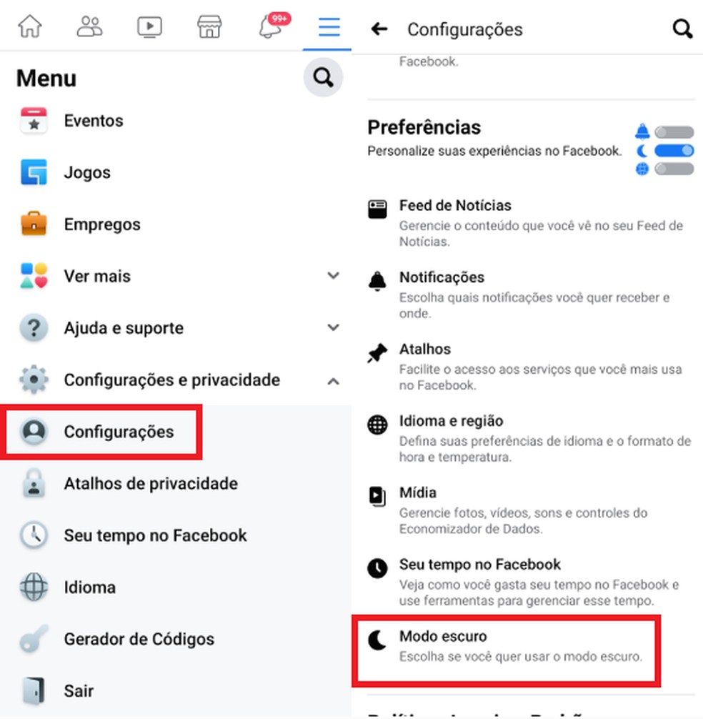 Caminho para ativar o tema escuro e deixar o Facebook escuro no Android — Foto: Reprodução/TechTudo