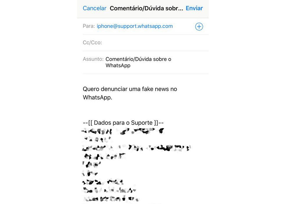 Enviar email para o WhatsApp com denúncia de fake news — Foto: Reprodução/Anna Kellen