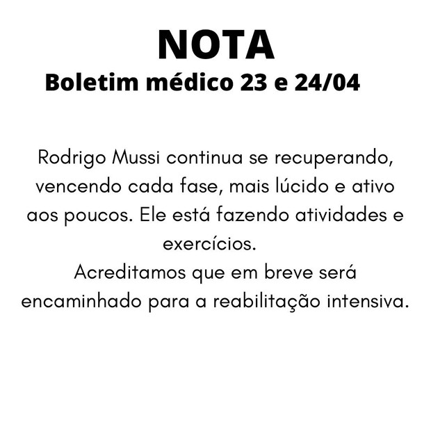 Rodrigo Mussi segue em recuperação, diz boletimn (Foto: Reprodução / Instagram)