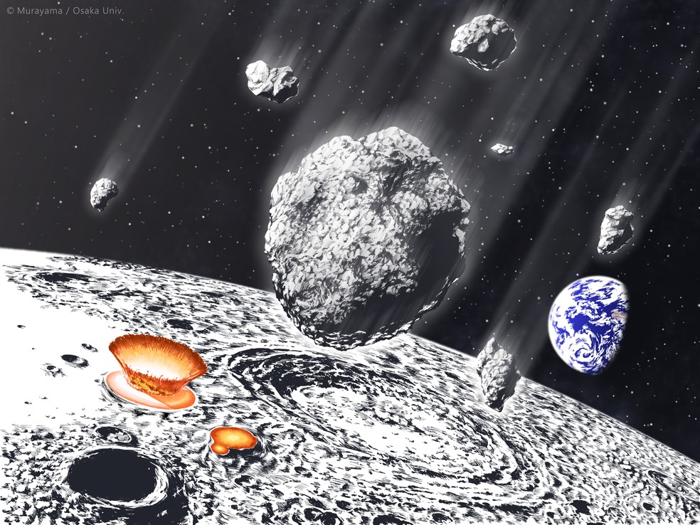 Ilustração mostra chuva de asteroides na lua — Foto: Murayama/Universidade de Osaka