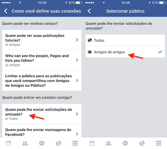 Opção para redefinir a privacidade para novos pedidos de amizade no Facebook para iPhone (Foto: Reprodução/Marvin Costa)