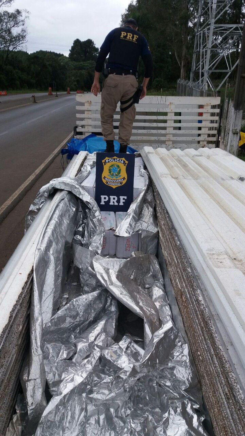 Ao vistoriarem a carga, os policiais descobriram que uma fileira de telhas estava sendo usada como uma esp&eacute;cie de caixa t&eacute;rmica (Foto: PRF/Divulga&ccedil;&atilde;o)