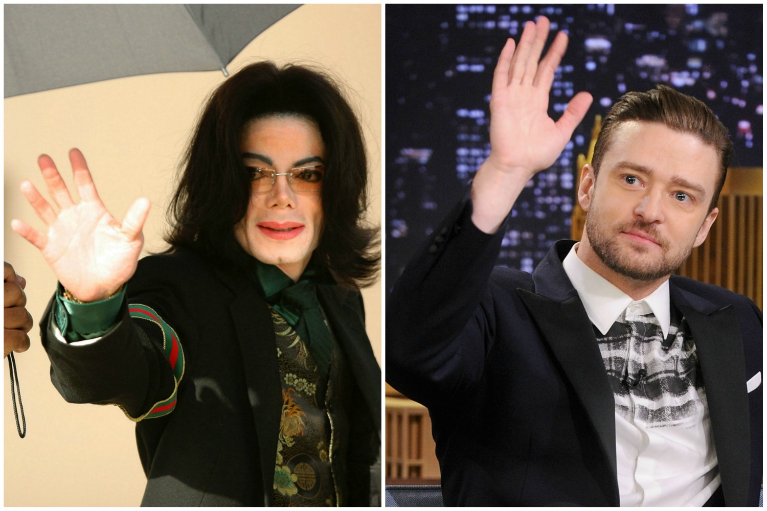 Michael Jackson em 2005 (à esq.) e Justin Timberlake. (Foto: Getty Images)