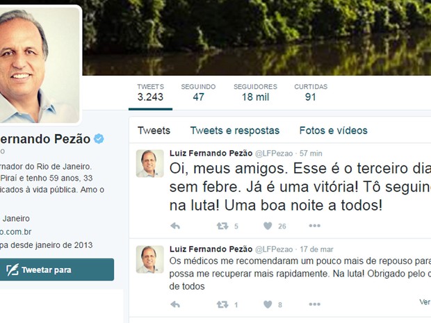 O governador Luiz Fernando Pezão tem usado seu perfil no Twitter para informar seu quadro de saúde após internação. (Foto: Reprodução/Twitter)