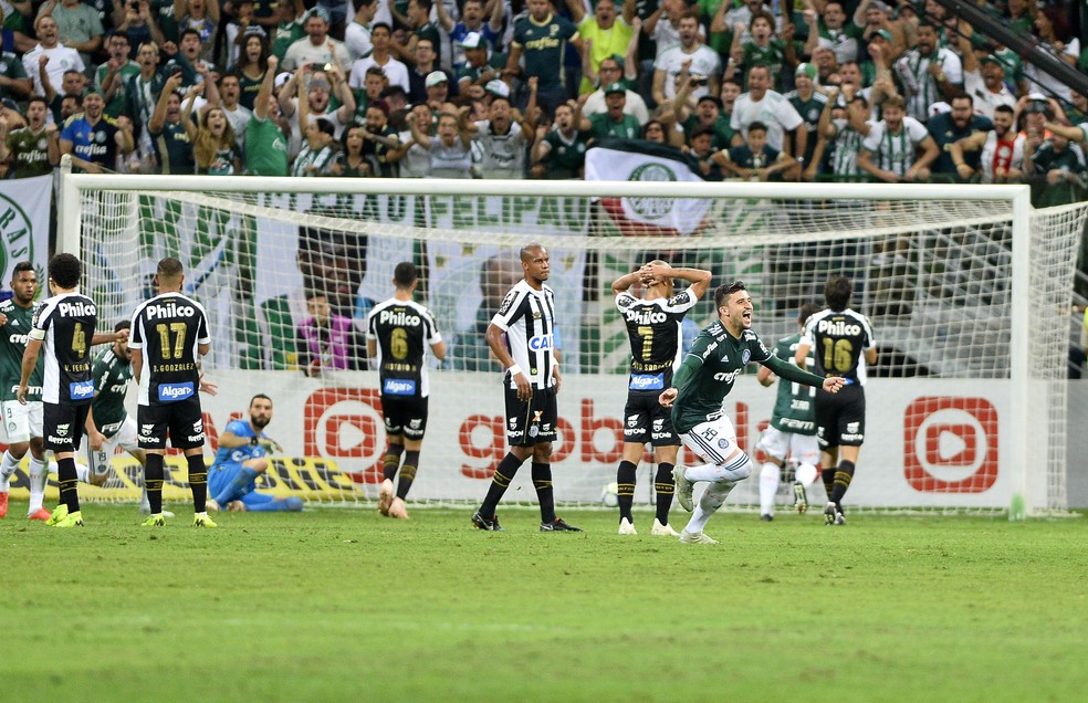 Victor Luis comemora o terceiro gol do Palmeiras contra o Santos; Vanderlei, caÃ­do, lamenta nÃ£o ter conseguido espalmar â€” Foto: Marcos Ribolli