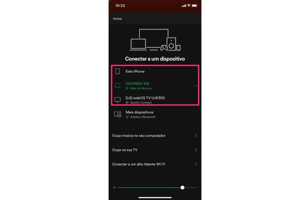 Ação para escolher um novo dispositivo para tocar músicas do Spotify com o recurso Connect — Foto: Reprodução/Marvin Costa