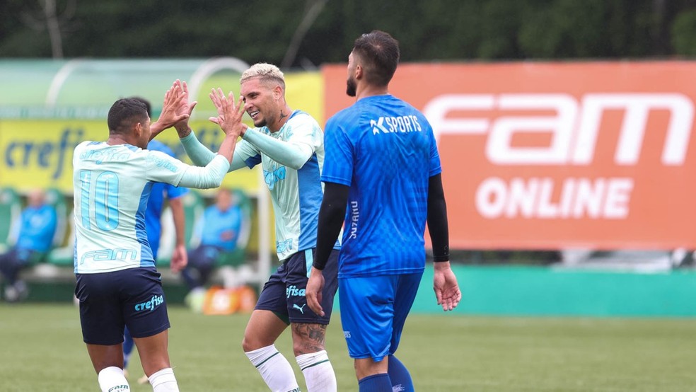 Rony e Rafael Navarro comemoram gol no jogo-treino do Palmeiras contra o Suzano — Foto: Cesar Grecco/Palmeiras