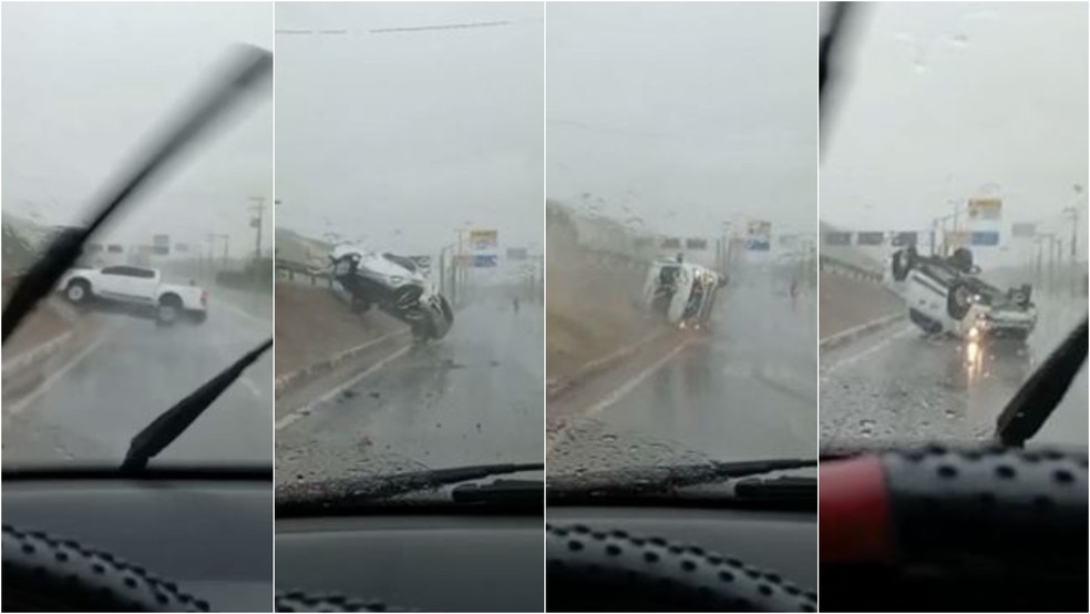 Caminhonete derrapou e capotou na rodovia CE-010, em Fortaleza, na manhã desta segunda-feira (21). — Foto: Reproduzir