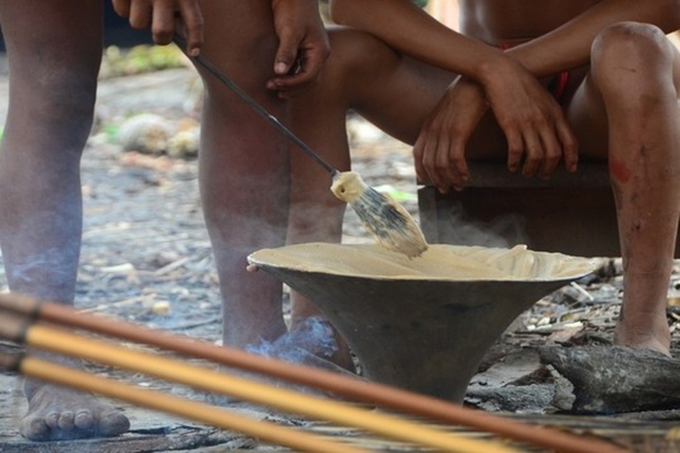 Preparo do veneno de caça com cipós em maloca Suruwahá — Foto: Juliana Lins/Arquivo pessoal