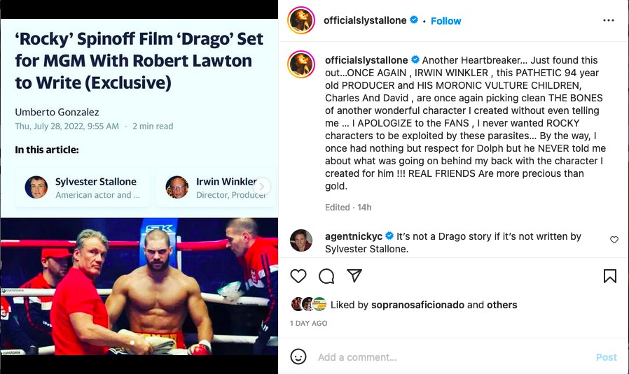 O primeiro post de Sylvester Stallone com os ataques ao spin-off de Rocky com a família Drago (Foto: Instagram)