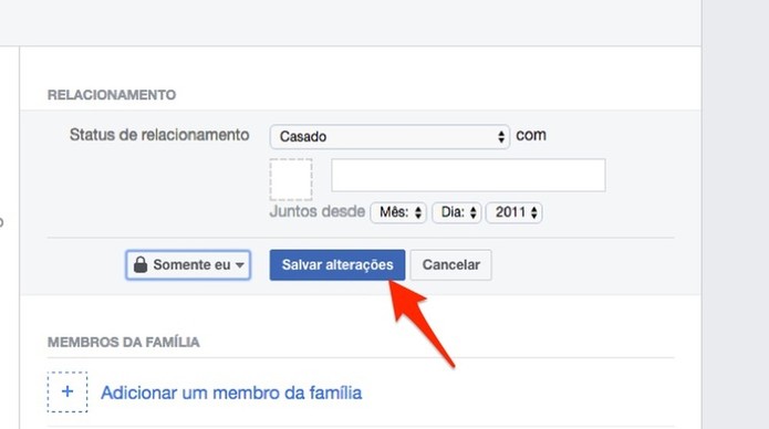 Ação para alterar a privacidade do status de relacionamento de um perfil do Facebook (Foto: Reprodução/Marvin Costa) Ação para alterar a privacidade do status de relacionamento de um perfil do Facebook (Foto: Reprodução/Marvin Costa)