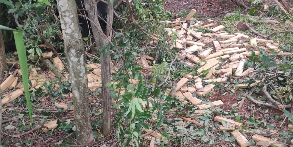 Vários tabletes de maconha ficaram espalhados após traficante perder controle de caminhonete. — Foto: PRF/Divulgação
