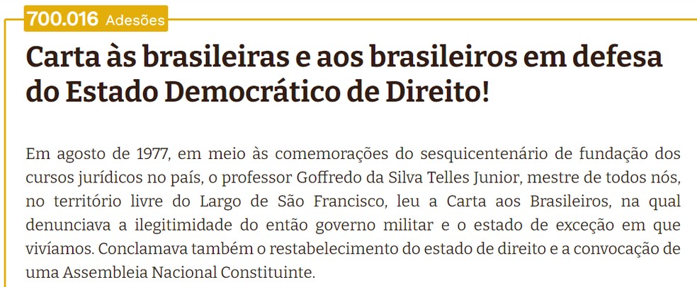 Carta da USP em defesa da democracia passa de 700 mil assinaturas â Foto: ReproduÃ§Ã£o