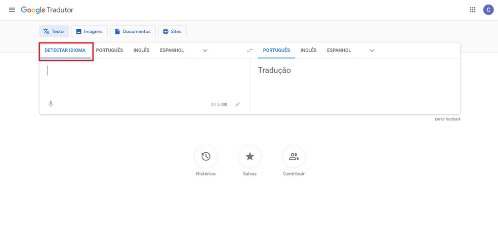 O Google Tradutor é capaz de identificar sozinho o idioma — Foto: Reprodução/Caroline Silvestre