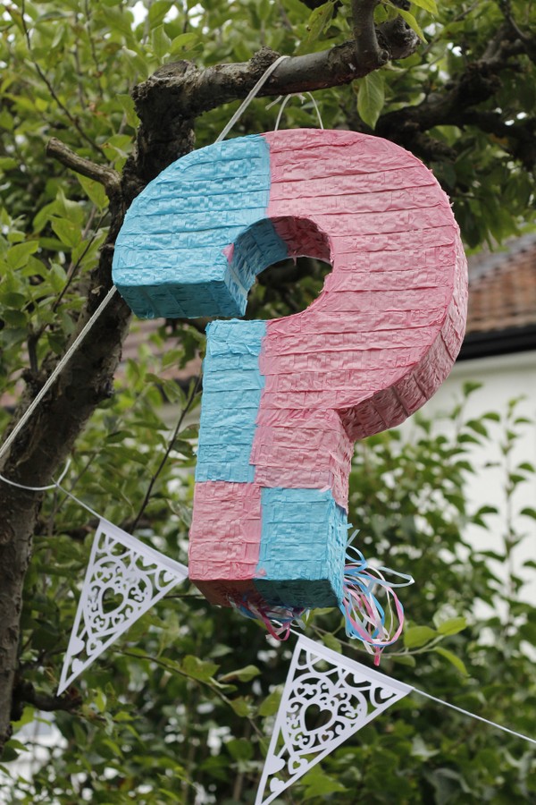 Piñata gender reveal question mark used at a gender reveal garden party. (Foto: Getty Images/iStockphoto)