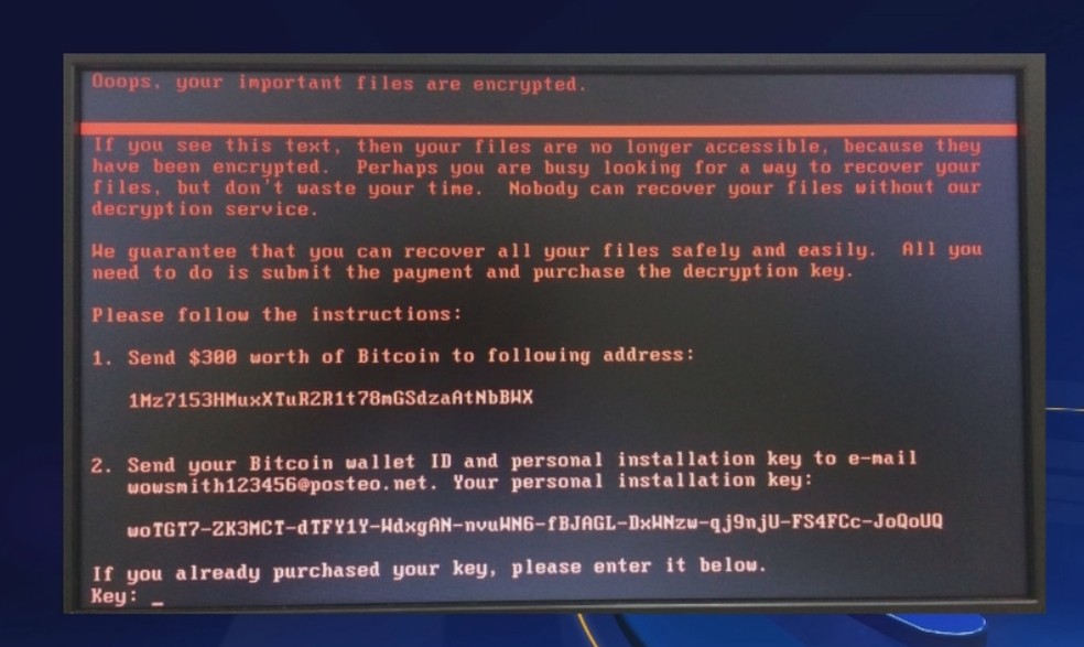 Mensagem que apareceu na tela pedia resgate em bitcoin (Foto: Reprodução/TV TEM)
