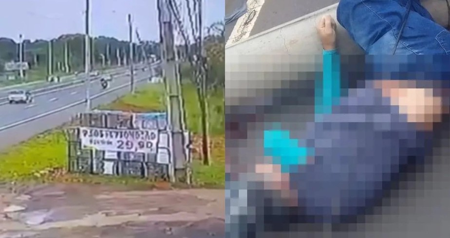 Vídeo de câmera de segurança mostra o momento em que Antônio Feitosa dos Santos, 56, colide com um poste que foi derrubado por outro veículo momentos antes