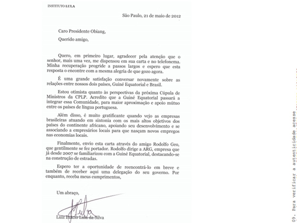 Carta de Lula para presidente da guinÃ© Equatorial â Foto: ReproduÃ§Ã£o/MinistÃ©rio PÃºblico Federal