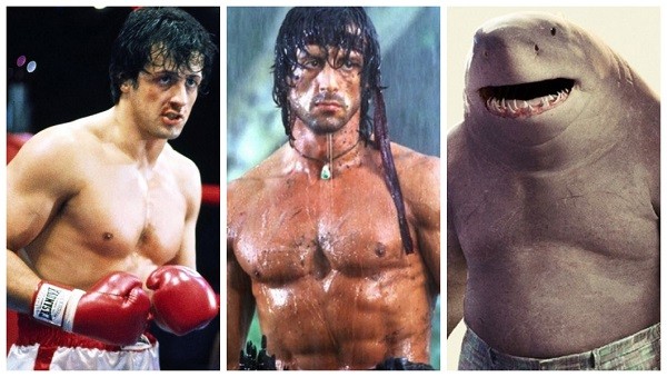 O ator Sylvester Stallone como os protagonistas de Rocky (1976) e Rambo (1982) e como o Tubarão-Rei de O Esquadrão Suicida (2021) (Foto: Reprodução)