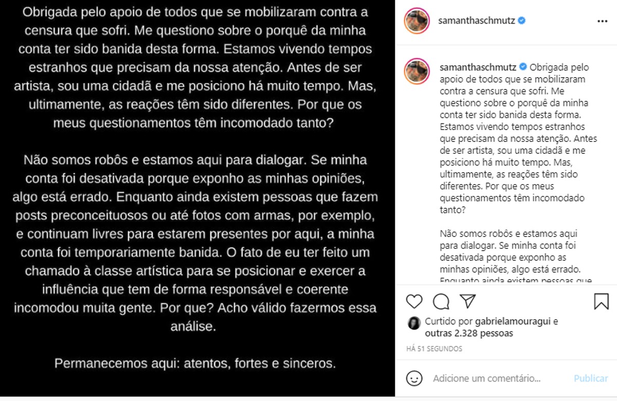 Samantha Schmütz posta após recuperar Instagram que foi desativado (Foto: Reprodução/Instagram)