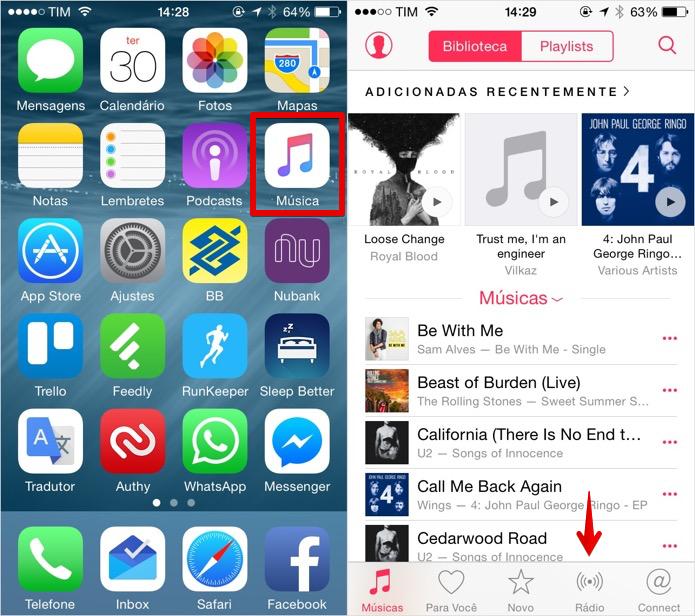 Abra o novo aplicativo de m?sicas do iOS (Foto: Reprodu??o/Helito Bijora) 