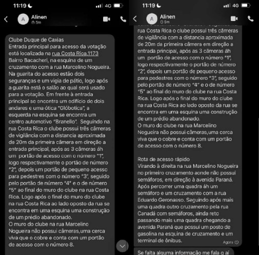 Mensagens mostram extenso relatório sobre local de votação de Sergio Moro em Curitiba, incluindo pontos cegos e possíveis pontos de acesso — Foto: Reprodução