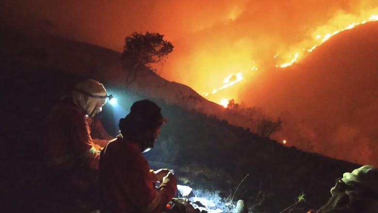 Brigadistas da Rede Contra Fogo passam a noite tentando apagar as chamas na região da Chapada dos Veadeiros (Foto: Acervo pessoal/Ivan Anjo Diniz)