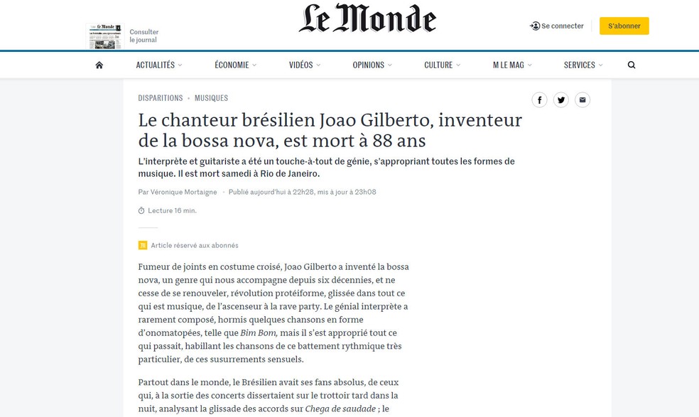 Notícia da morte de João Gilberto no 'Le Monde' — Foto: Reprodução/Le Monde