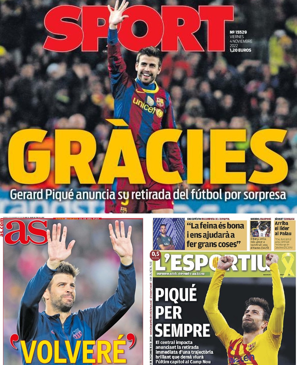Capas de jornais espanhóis sobre a despedida de Gerard Piqué — Foto: Reprodução