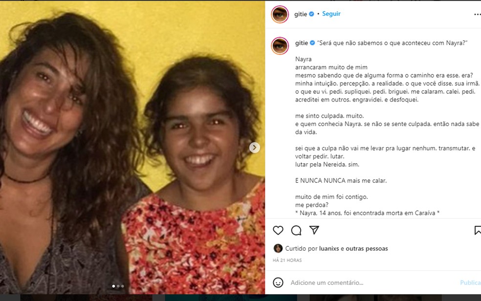 Giselle Itié posta foto e lamenta morte de adolescente espanhola em distrito turístico do sul da Bahia — Foto: Reprodução/Redes Sociais