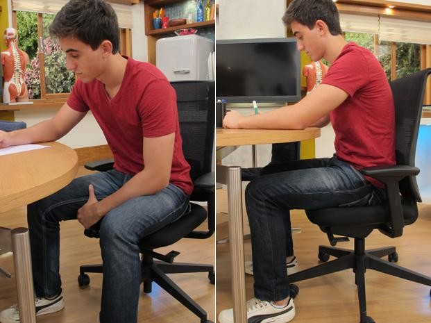 A maneira de sentar também pode prejudicar as costas. A dica é apoiar os dois pés no chão e manter os ombros alinhados e a coluna reta (Foto: Mariana Palma/G1)