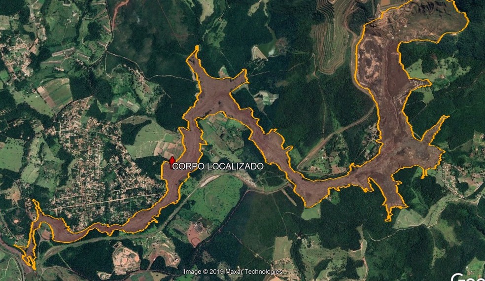 Local onde o corpo foi localizado fica a 5,5 km de distância da barragem B1 — Foto: Corpo de Bombeiros/Divulgação