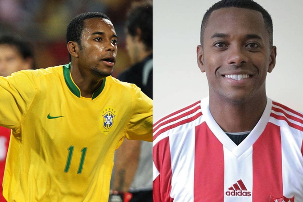 Robinho comemorando gol contra o Chile em 2007 e na apresentação de seu novo clube em 2019 — Foto: Divulgação