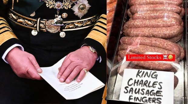 Anúncio fazendo piada com os dedos de Charles III nos stories do Instagram do açougue (Foto: Getty Images/WPA Pool e Reprodução/Instagram)