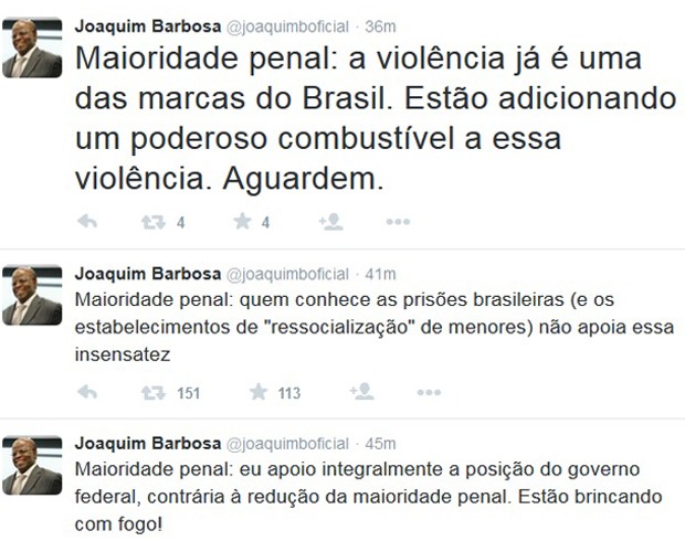Joaquim Barbosa posta nmo Twitter mensagem contra a redução da maioridade penal (Foto: Reprodução / Twitter)