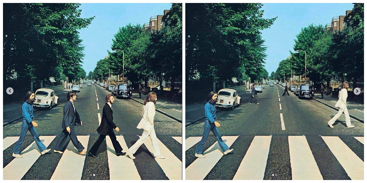 A capa clássica de Abbey Road, dos Beatles, e a versão atualizada para os tempos de distanciamento social da pandemia do coronavírus (Foto: Instagram)