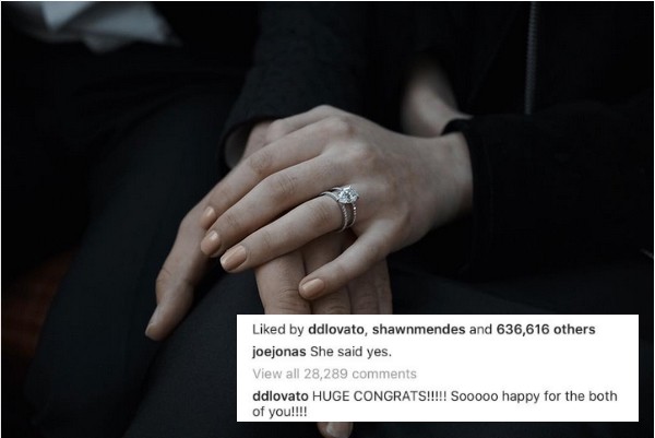 A foto compartilhada por Joe Jones anunciando seu noivado com Sophie Turner e o comentário de Demi Lovato (Foto: Instagram)