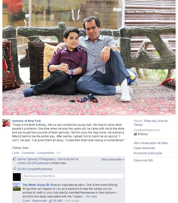 Comentário de Obama com elogio a menino iraniano em foto do perfil 'Humans of New York' (Foto: Reprodução/Facebook/Humans of New York)