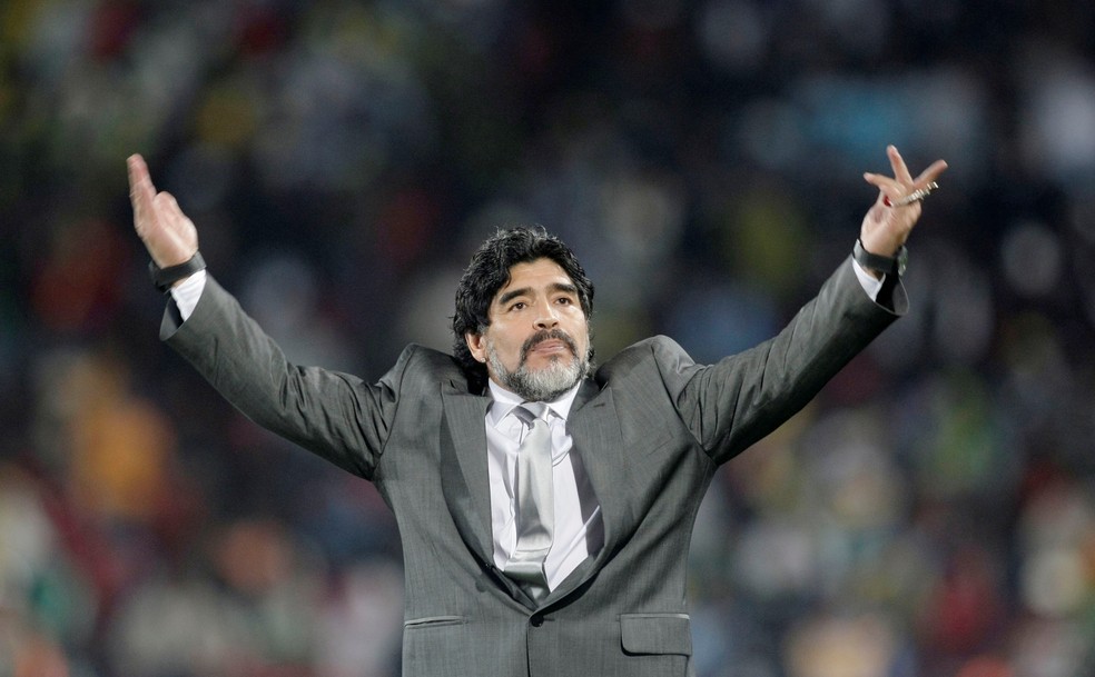 Diego Maradona no jogo Argentina e Nigeria na Copa do Mundo de 2010  — Foto: Reuters/Action Images / Andrew Boyers/File Photo