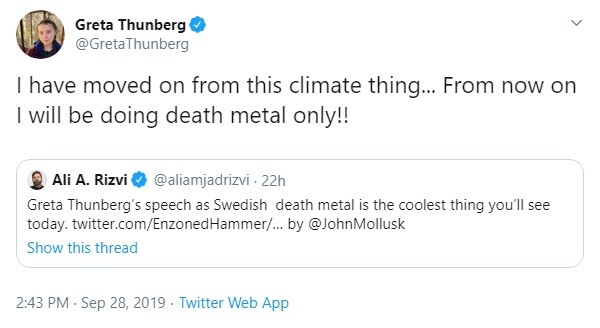 Tweet de Greta Thunberg brinca com a música (Foto: Twitter)