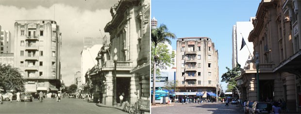 Quarteirão Paulista com edifício Diederichsen ao fundo na década de 1950 e nos dias atuais (Foto: Clayton Castelani/G1)