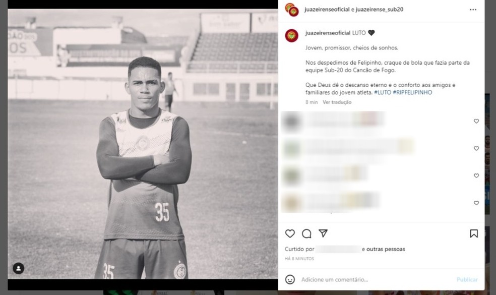 Em uma rede social, o Juazeirense lamentou a morte do jogador — Foto: Reprodução/Redes Sociais